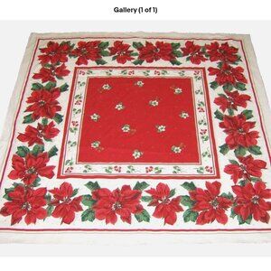 Vintage Christmas Tablecloth 55”x55” Square Red Poinsettia Tablecloth